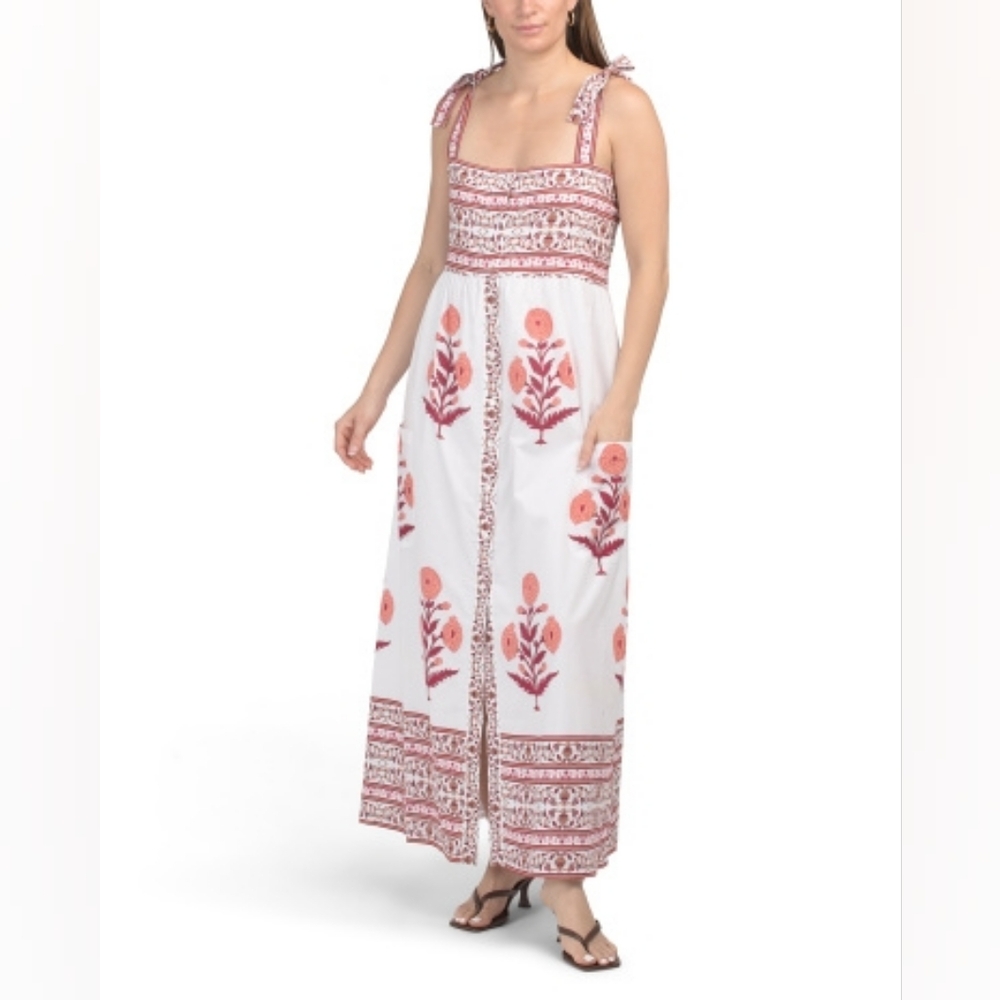 NWT- BINDU Hand Blocked Cotton Pink Multi Floral Maxi Dress with Border Print-XL